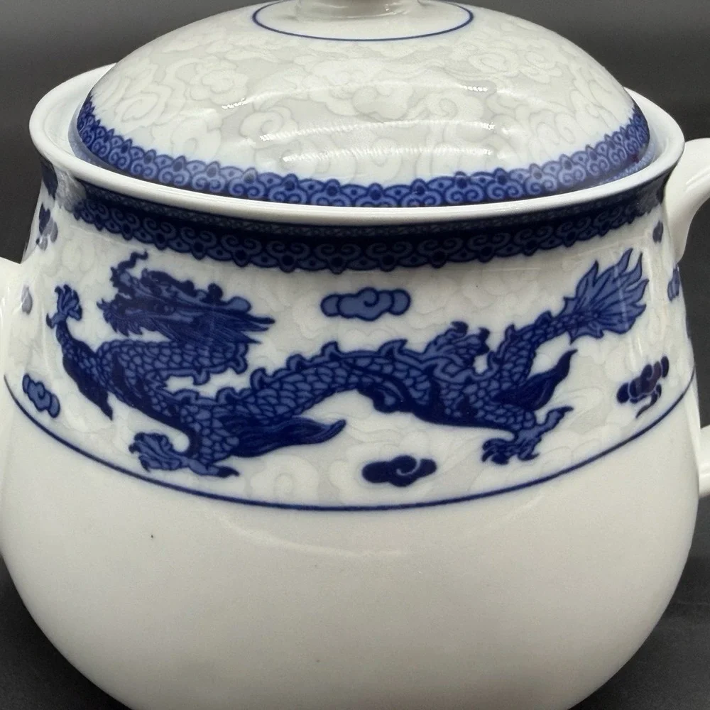 Vintage Lake Tian Blue White Porcelain Teapot Dragon Phoenix Chinese 5